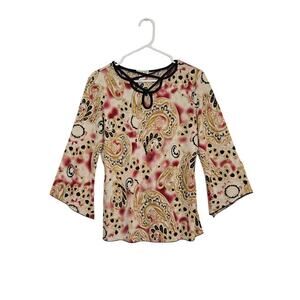 VTG Y2K MKM Designs Paisley Bell Sleeves Top Sz Large Keyhole Neck Sleeve Slits